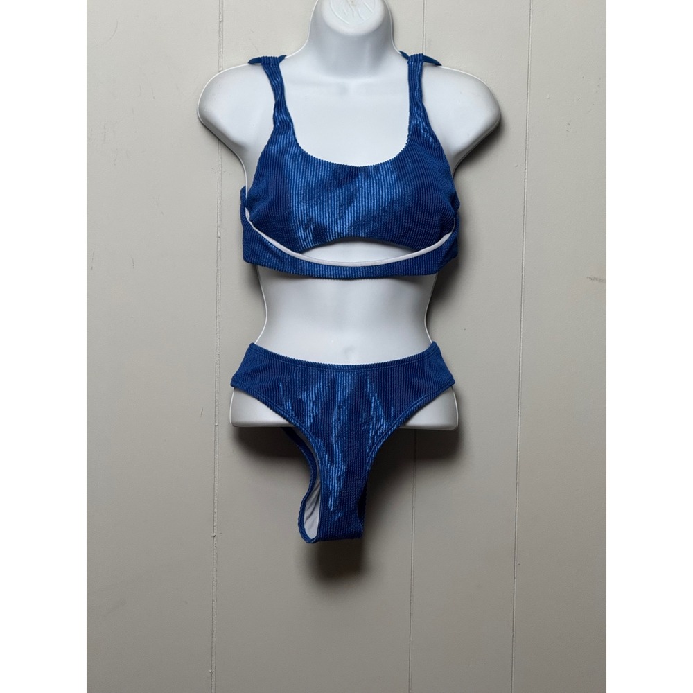 NWT Cupshe Blue Ribbed Cutout Bikini Set Metallic Two Piece Swimsuit Size M